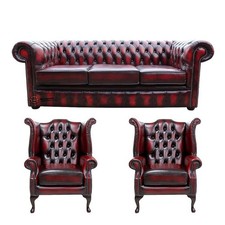 Chesterfield Sofa Suite Premium Oxblood Italian Leather 3 Seater & 2 x Chairs