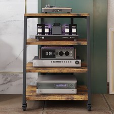 HiFi Rack Stand w/ Wheels Power Strip Rack 4-Tier Record Player Stand Wooden