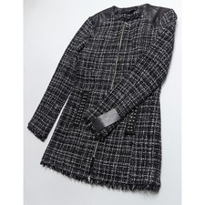 ZARA Frayed Tweed Coat With Faux Leather and Studs Women's Size XS