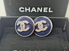 Chanel CC Logo Crystal Pave Navy Blue Round Stud Earrings
