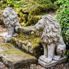 Pair of Sitting Lions Heavy Stone Cast Garden Ornament Statues 70KGS
