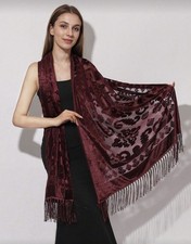 Vintage Silk Blend  Burgundy Velvet Devore Scarf / Shawl Wrap Elegant