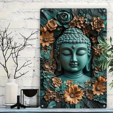 BUDDHA & LOTUS FLOWER HINDU ZEN 2D METAL WALL ART PLAQUE HOME GARDEN WALL DECOR