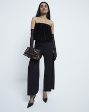 River Island Womens Jumpsuit Petite Black Velvet Bubble Bandeau Neck Outfit