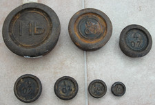 Set Of 7 Vintage Imperial Cast Iron Round Weights 1lb-1/4oz Balanced Scales Kit