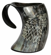 Viking Drinking Horn Mug Wolf Carved Tankard Beer Cup Medieval Norse Game of Thr