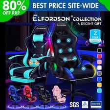 ELFORDSON Gaming Office Chair RGB LED Massage Recliner Racing PU Leather Fabric