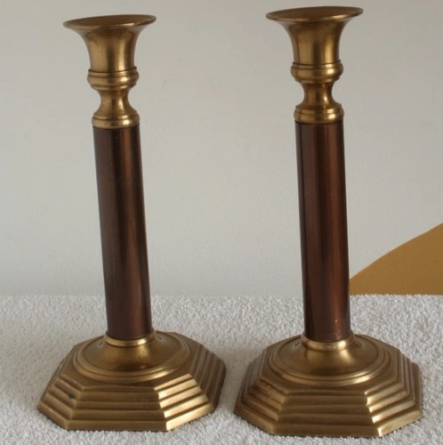 Pair brass pillar candlesticks - pair,