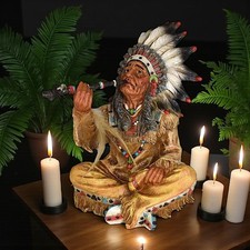 Indian Chief Smoking a Peace Pipe Figurine Native American Collection Sculpture