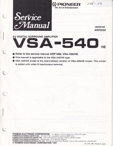 Pioneer vsa 540 service manual - vsa-540,