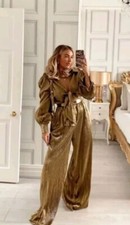 Forever Unique Gold Plisse Wide Leg Jumpsuit with Tie Front S 10 BNWT