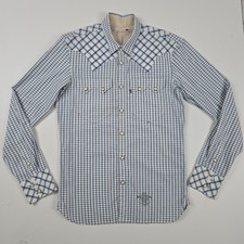 Vintage Levi's Blue Plaid Pearl Snap Shirt Western Cowboy Size Small 