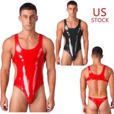 Men's Faux Leather Bodysuit Tank Top Sexy Sissy Underwear Wet Look Swimwear