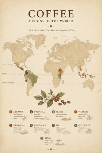 World coffee origins map - world,