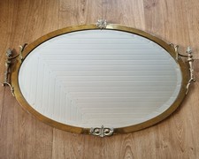 Antique Edwardian Large Oval Brass Wall Mirror Bevelled Ornate Mount Over Mantle