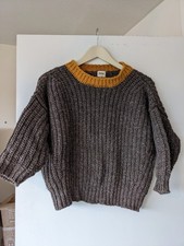 Babaa Small Cropped Jumper. Pure Wool. Oak Brown Mustard Trim. S