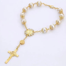 Gold Plated Mini Rosary Bracelet Ivory Faux Pearls Cross Jesus Christening Bapti