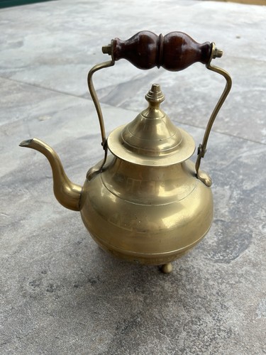 Vintage brass kettle wooden - vintage,