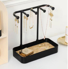 Metal Double Layer Jewellery Display Stand Organizer Wooden Base Tray Earing