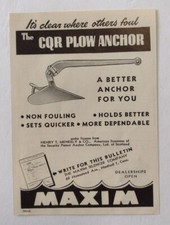 1948 CQR Plow Anchor Advertisement The Maxim Silencer Company Hartford, Connecti