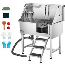 VEVOR 96.5 cm Dog Grooming Bath Tub Stainless Steel w Stairs Faucet Showerhead