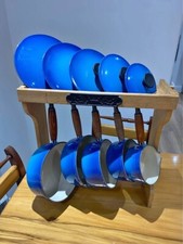 Le Creuset (Cousances) Set Of 5 Blue Saucepans & Lids, with original stand.