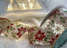 Christmas POINSETTIA flower on Natural - Luxury Wire Edge Ribbon 63mm *NEW 2025*