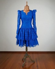 Vintage 80s Prom Dress Evening Party Cocktail Elegant Classy Lace Blue- UK  10