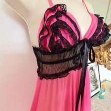80's vintage slip dress negligee babydoll pink and black lace.