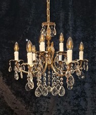 Stunning Antique French 6 Arm 9 Light Heavy Brass Crystal Leaf Chandelier