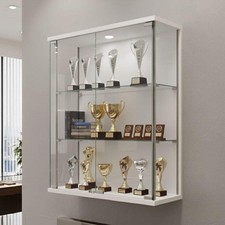 White Wall Mounted Double Door Display Cabinet with 2 Adjustable Shelves and LED