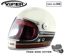 VIPER F656 RETRO FULL FACE VINTAGE FIBREGLASS MOTORCYCLE MOTORBIKE HELMET CREAM