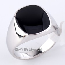 R041 Mens Black Onyx Enamel Signet Biker Ring 18KGP No Stone Size N - Z