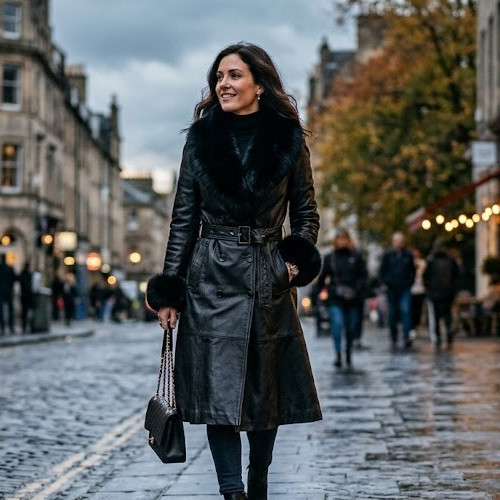 Women black leather trench - black,