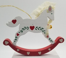 ORNAMENT Wooden Rocking Horse White Lace Mane Hearts Pink Ears Vintage