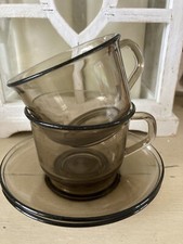 ARCOROC France Set of 2 Smokey Glass Coffee Tea Cups & Saucers Vintage Retro