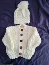 Hand Knitted Aran Cardigan and Hat Set for 0-6 Months