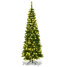 Christmas Tree Pre Lit Slim Pencil Green Artificial Bushy Pine XMAS Decor 5FT UK