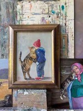 Original Oil Painting animal  art Funny  Cat & Boy  8x6 in  UNFRAMED