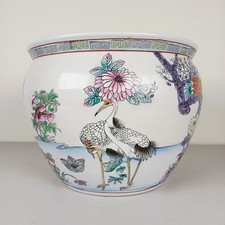 Chinese Ceramic Fish Bowl Planter Colorful Floral  Cranes Satsuma Large 12" Wide
