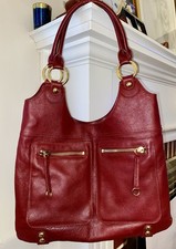 LP by Linea Pelle Leather Shoulder Bag Red Burgundy Gold Hardware Brown Liner