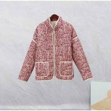 Fashion Floral Print Jacket Ribbed Details Front Pockets Jacket Tops