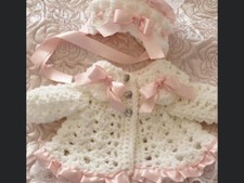 Romany Hand Crochet Bonnet And Cardigan Babies 0-3  With lace and ribbon