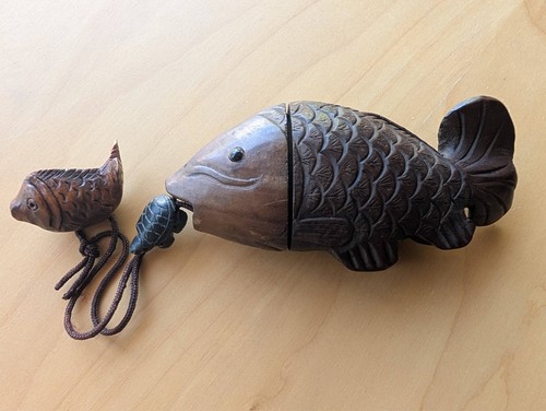 Japanese wooden inro with fish - wooden,
