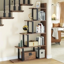 5-Tier L-Shaped Ladder Bookcase | Industrial Retro Brown Corner Shelf Unit