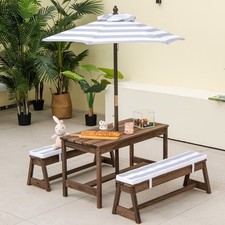 Kids Picnic Table Set with Umbrella 2 Seater Wood Chairs Cushions Grey