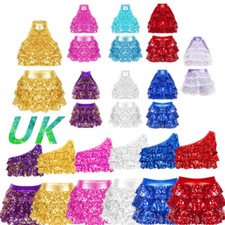 UK Girls 2 Piece Ballet Sets Sequins Crop Top with Skirt Jazz Latin Dancewear