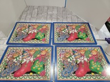 PIMPERNEL 4 Cork Back Placemats Teddy Bears In Christmas Stockings 12 x 15”