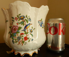 Aynsley Large Plant Pot Bone China Birds Florals Gilded Fluted & Ribbed 14cm VGC