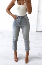 Wakee Light Blue Boyfriend Ultra High Rise Jeans With Frayed Hem 10166